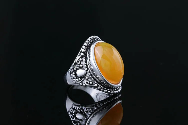 Fluorescent beeswax centrepiece geometric alloy ring with antique silver electroplated retro finish