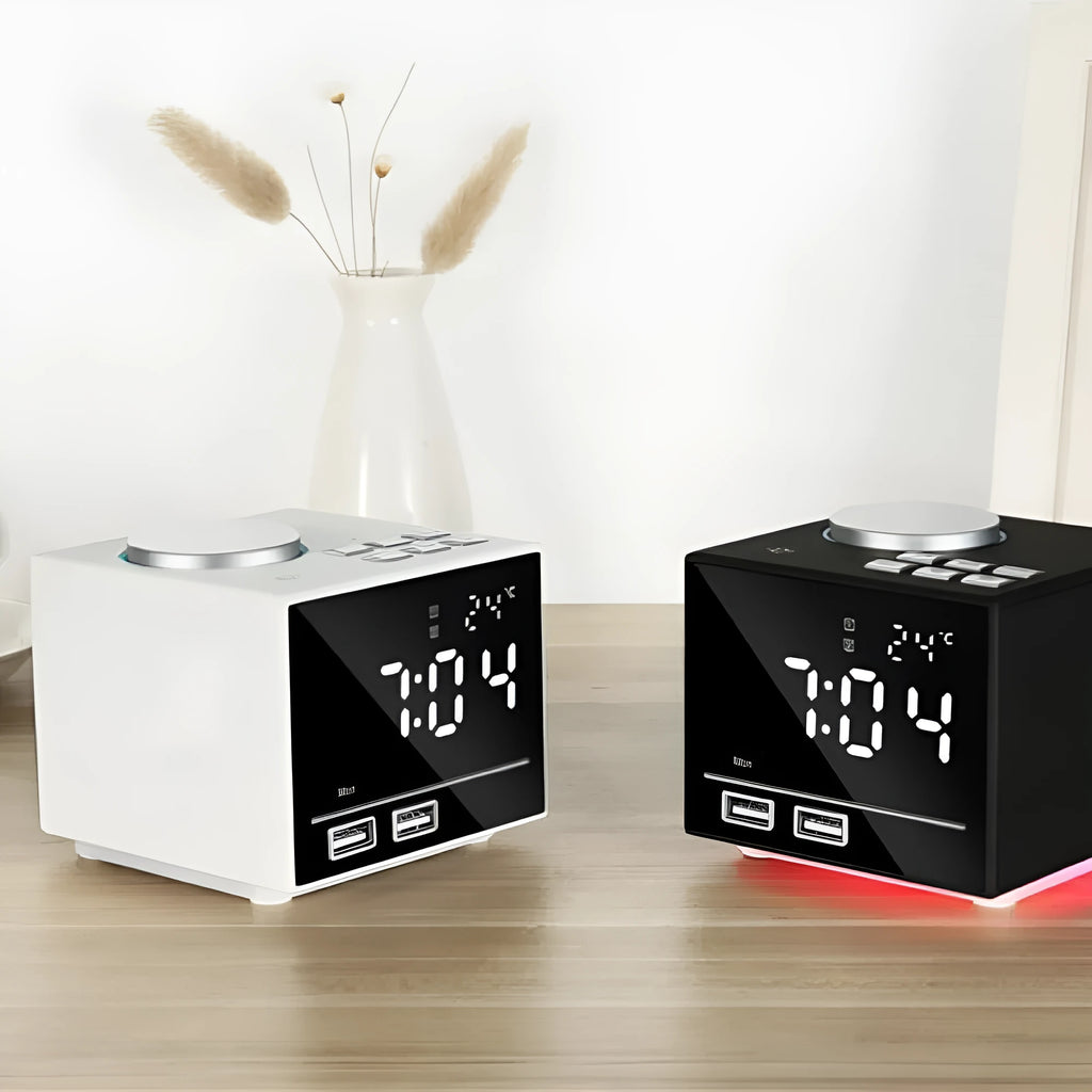 Bluetooth speaker alarm clock with colourful ambient light, LED mirror display, and dual USB ports on a nightstand