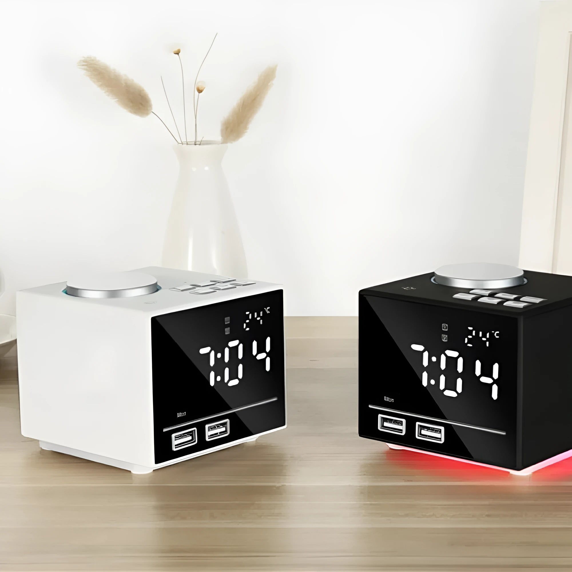 Bluetooth speaker alarm clock with colourful ambient light, LED mirror display, and dual USB ports on a nightstand