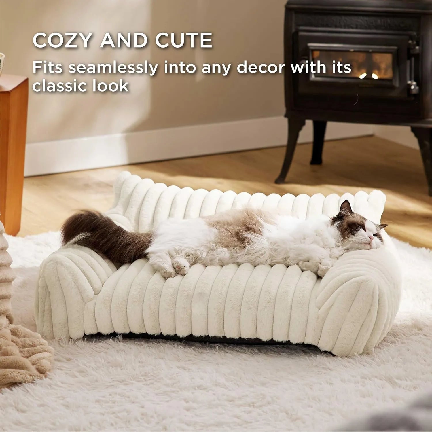 Supportive cat couch bed with three-sided design and soft corduroy fleece fabric in beige colour