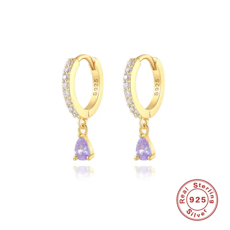 Sterling silver geometric water drop earrings with a gemstone accent on a gold or silver plated finish.