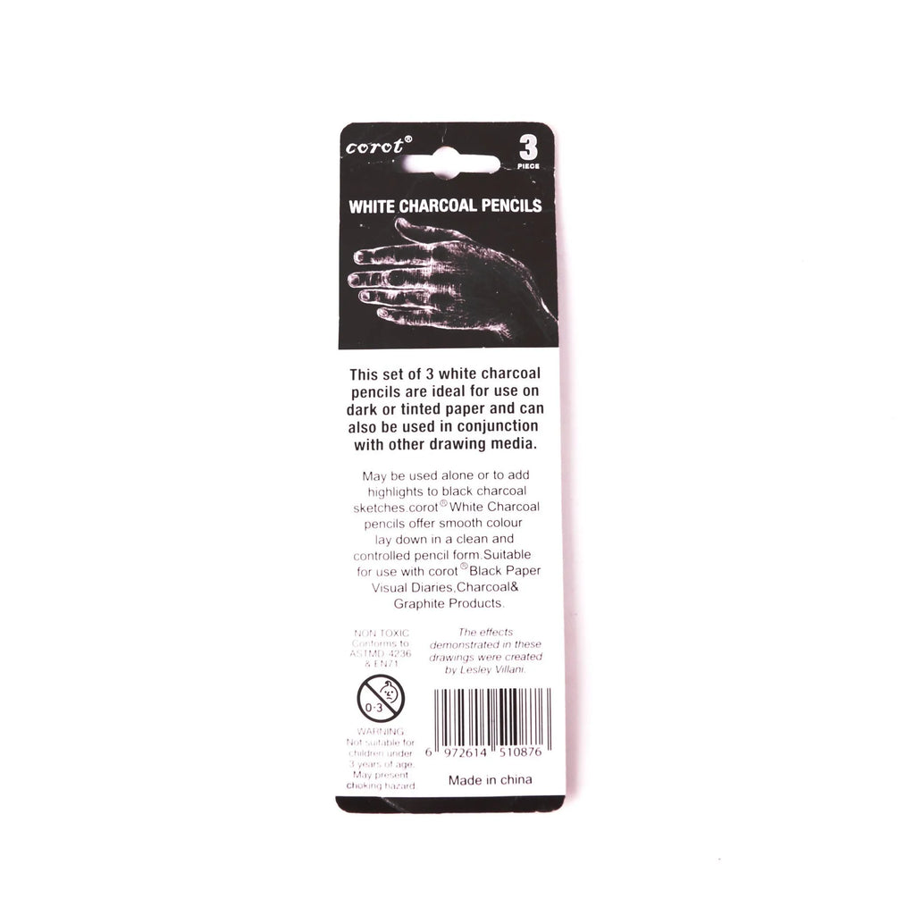 White charcoal highlighting pencils with wooden shells in 3-pack configuration