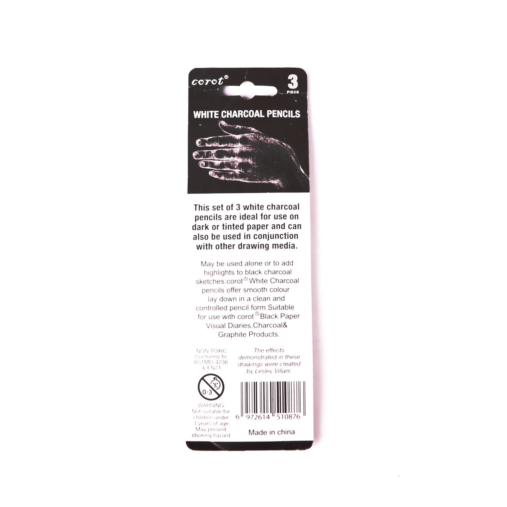 White charcoal highlighting pencils with wooden shells in 3-pack configuration
