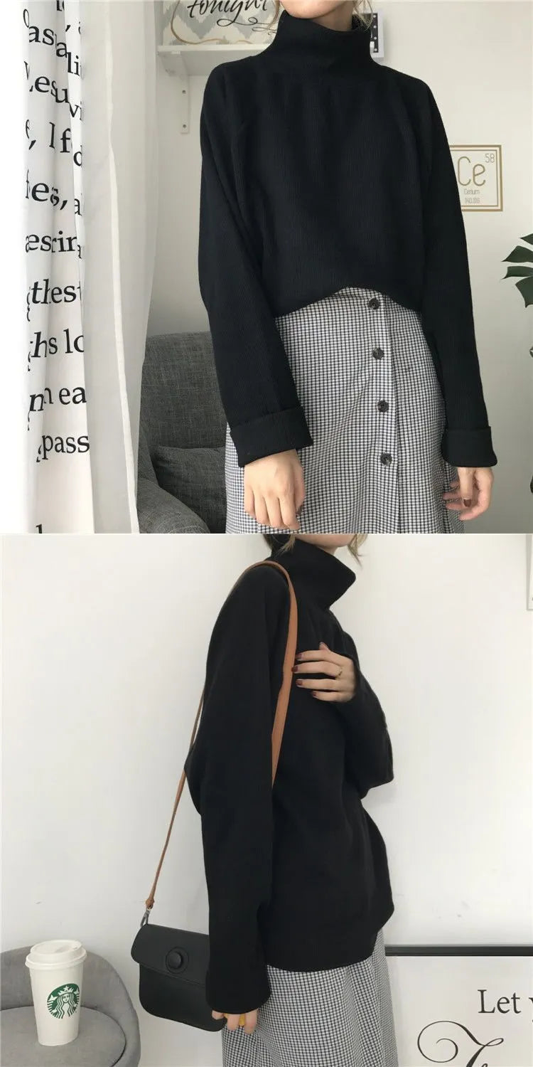 Women's loose fit long sleeve top with a half-high collar in white, apricot, or black.