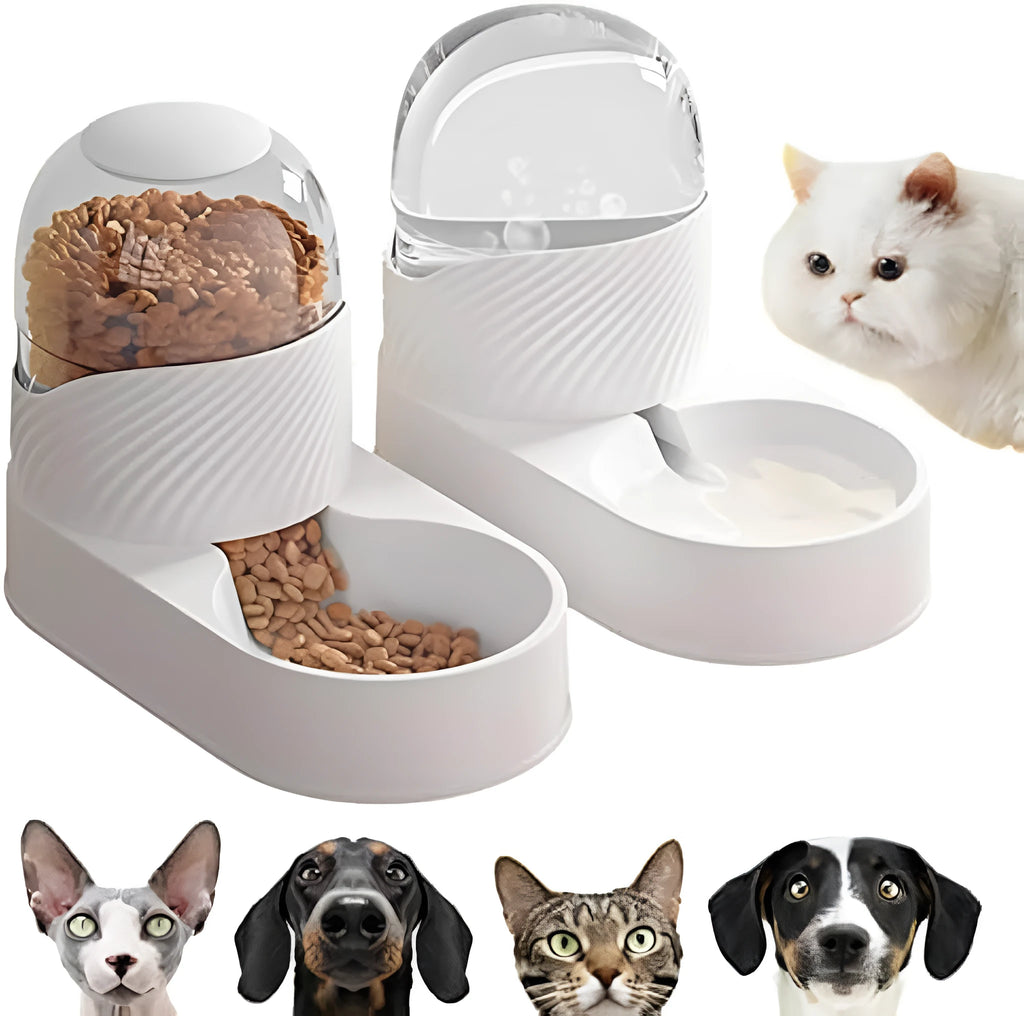 White gravity-fed cat feeder and water dispenser set with wave-shaped design on a table.