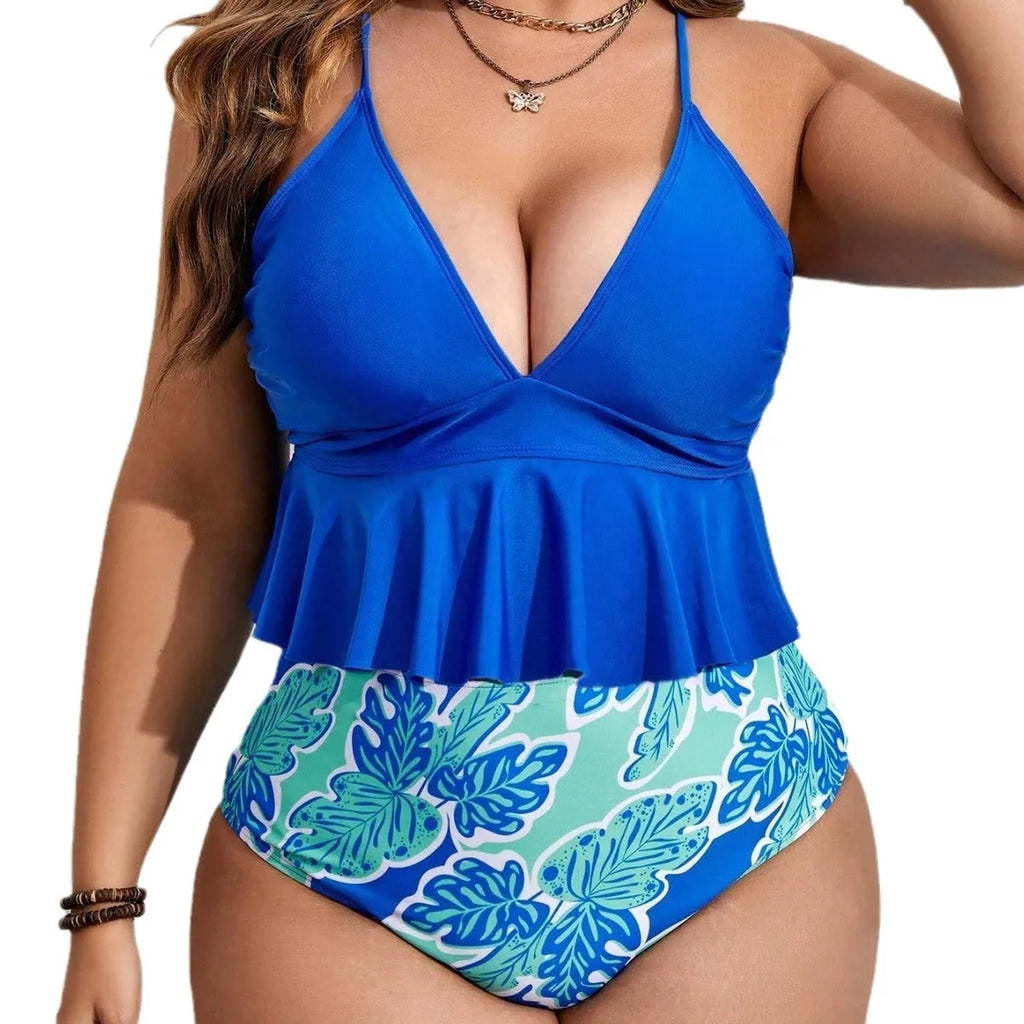 Blue polyester bikini swimsuit set with separate top and briefs in European and American sizes