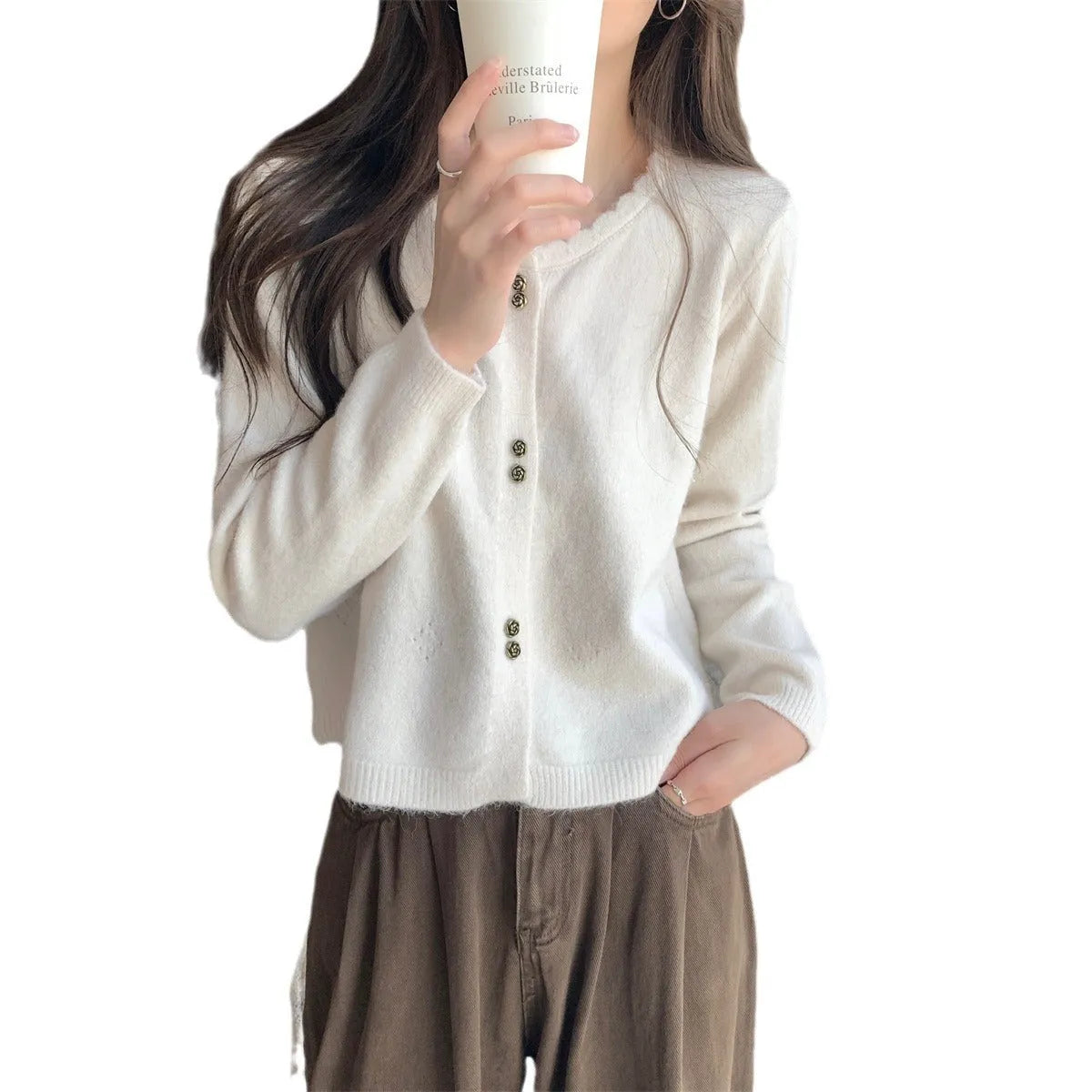 Women's long-sleeved acrylic cardigan coat in free size regular fit showing colour options