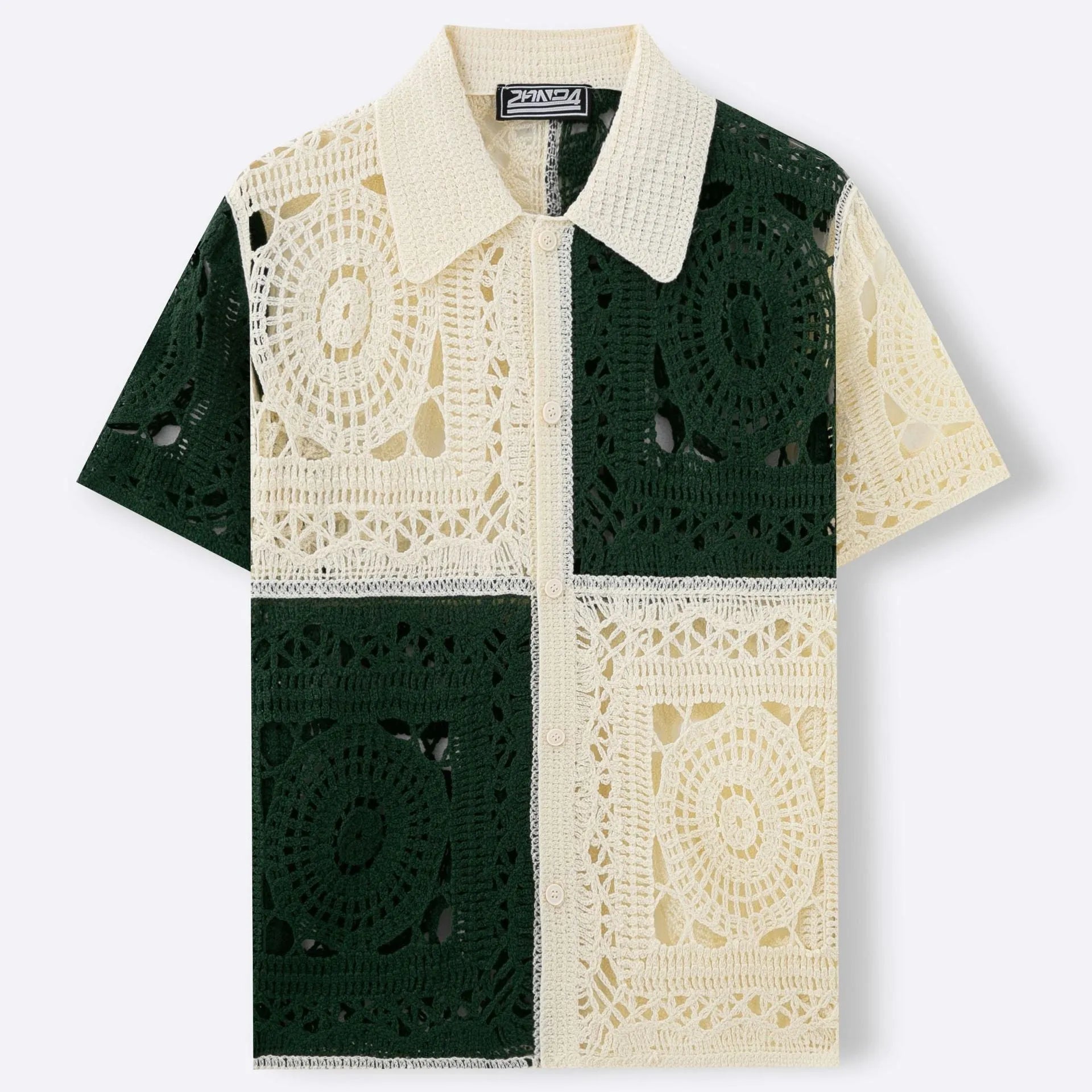 Beige men's knitted shirt with colourblock pattern and flocking detail on short sleeves.