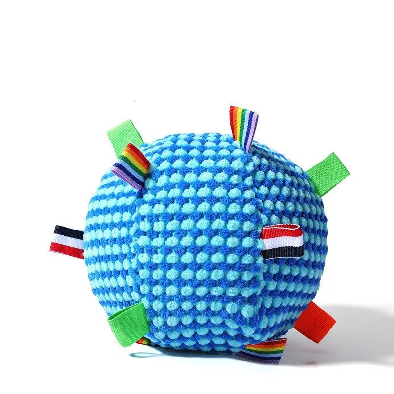 Blue and yellow vocal ball ring dog toy with pineapple lattice texture, 17cm in diameter.