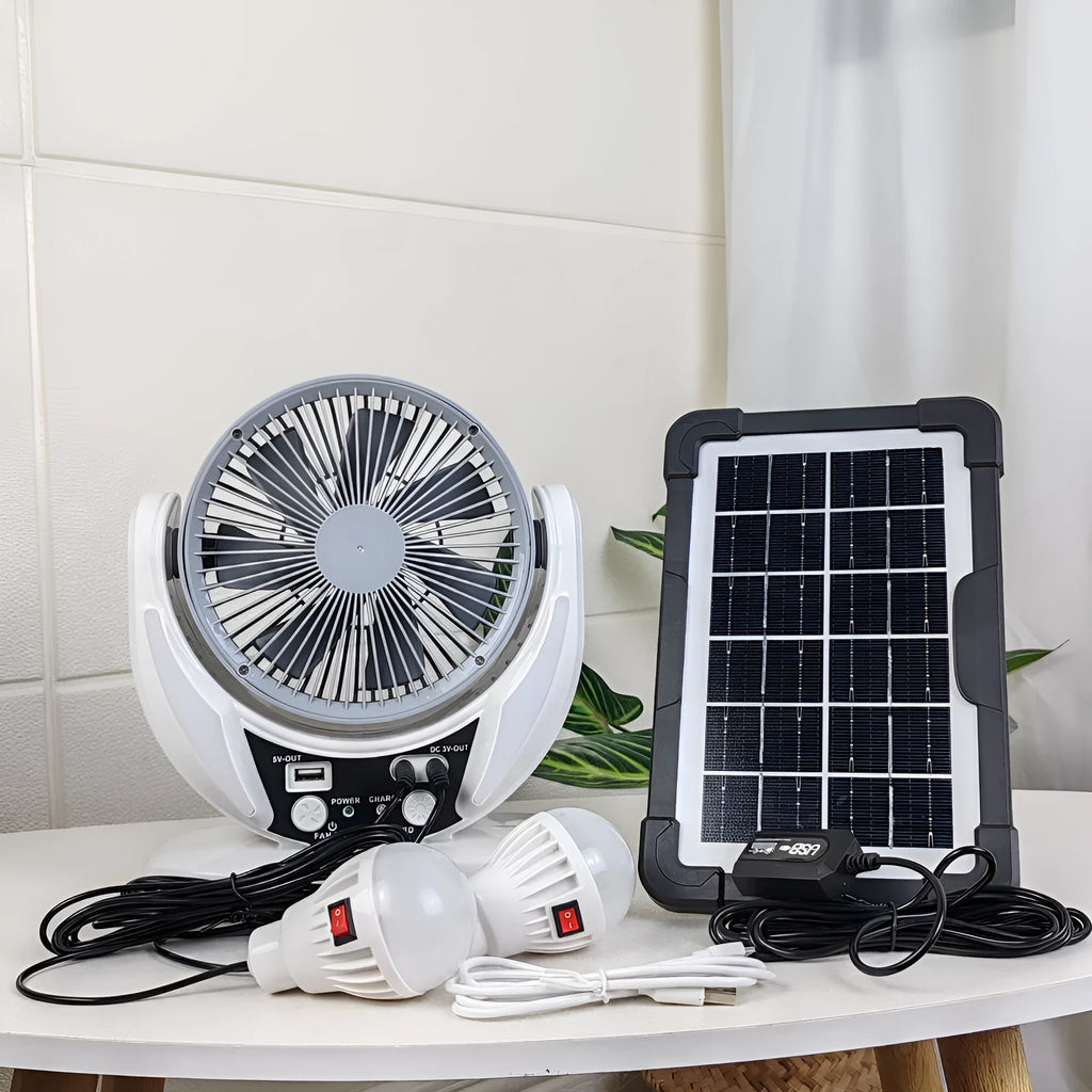 Solar charging emergency fan with LED lighting, 6-inch blade, white housing, and solar panel