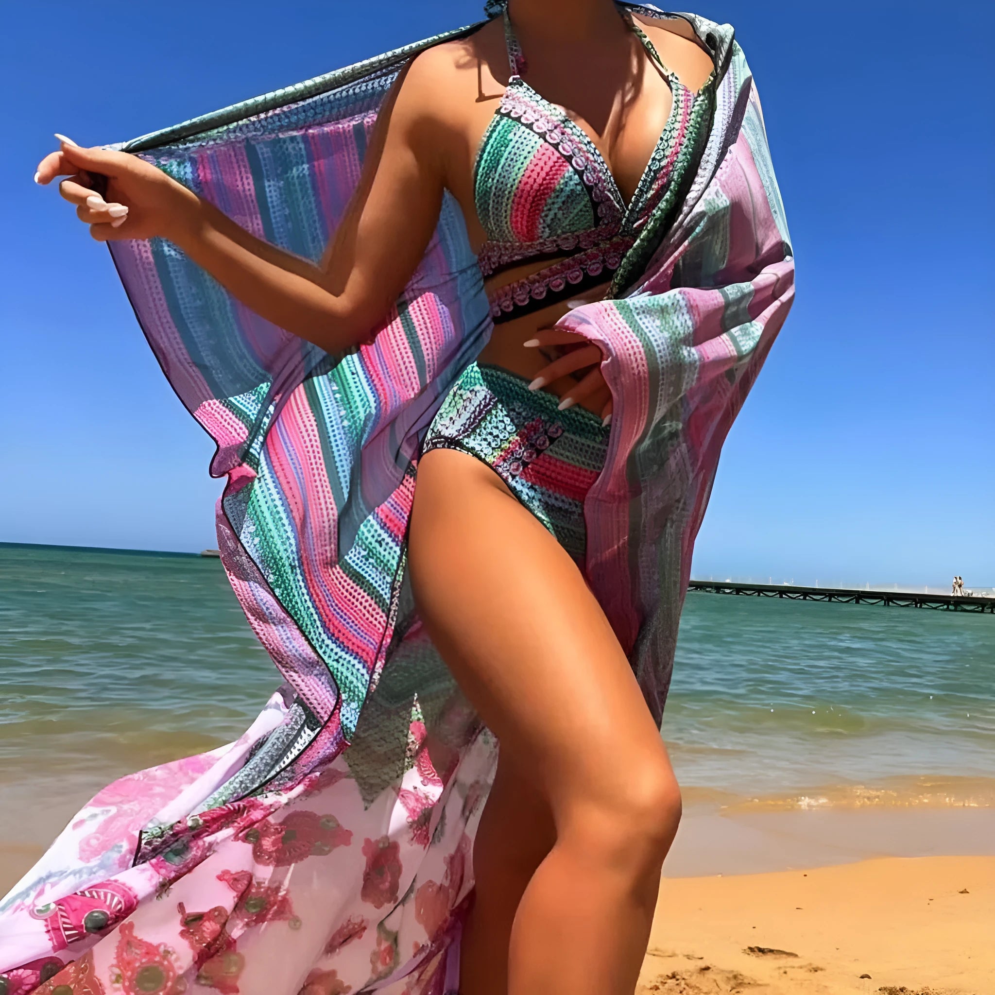Women's high waist cross bandage bikini three-piece swimsuit set in polyester with smock