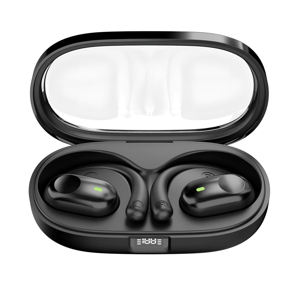 Bone conduction sports headset in black with ear hook design and digital battery display