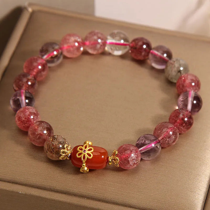 Natural Super Seven crystal bracelet with White Crystal and Red Agate beads in Cartoon style