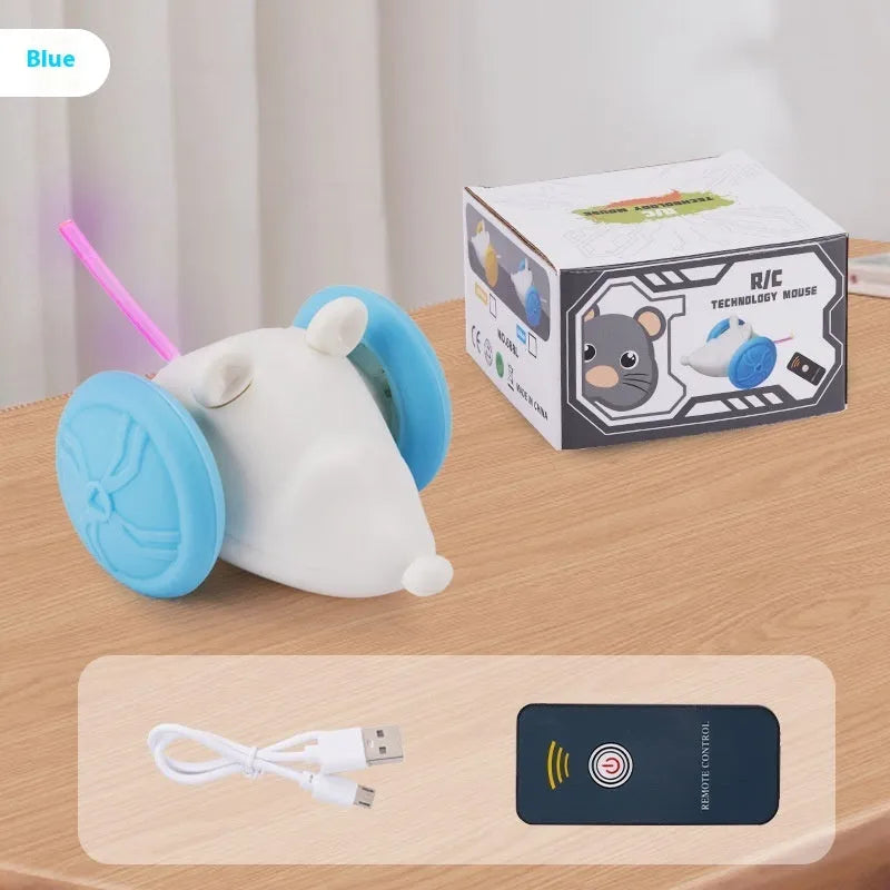 Electric cat toy mouse with remote control on wooden floor, blue and yellow variants shown