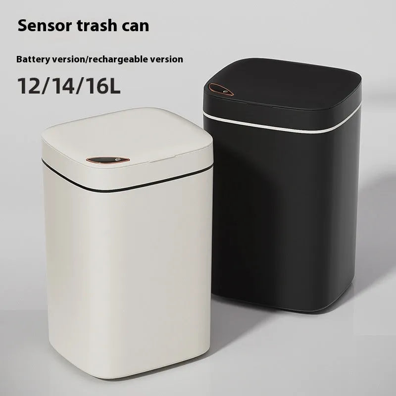 Square intelligent automatic sensor dustbin with induction opening lid in milky white