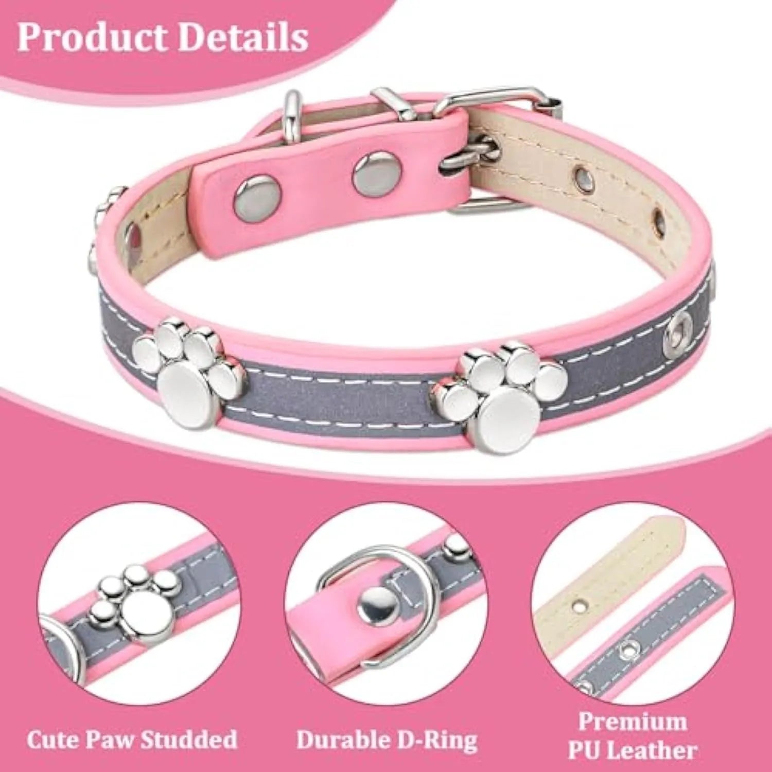 Reflective adjustable dog collar with PU leather and decorative paw rivet in multiple size options