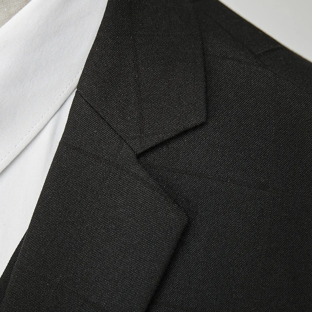 Men's navy blue plaid slim fit three-piece suit with vest, jacket, and trousers on hanger