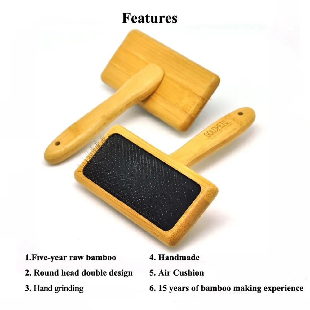 Goldpets bamboo slicker brush with wooden handle and stainless steel pins for grooming cats and dogs.