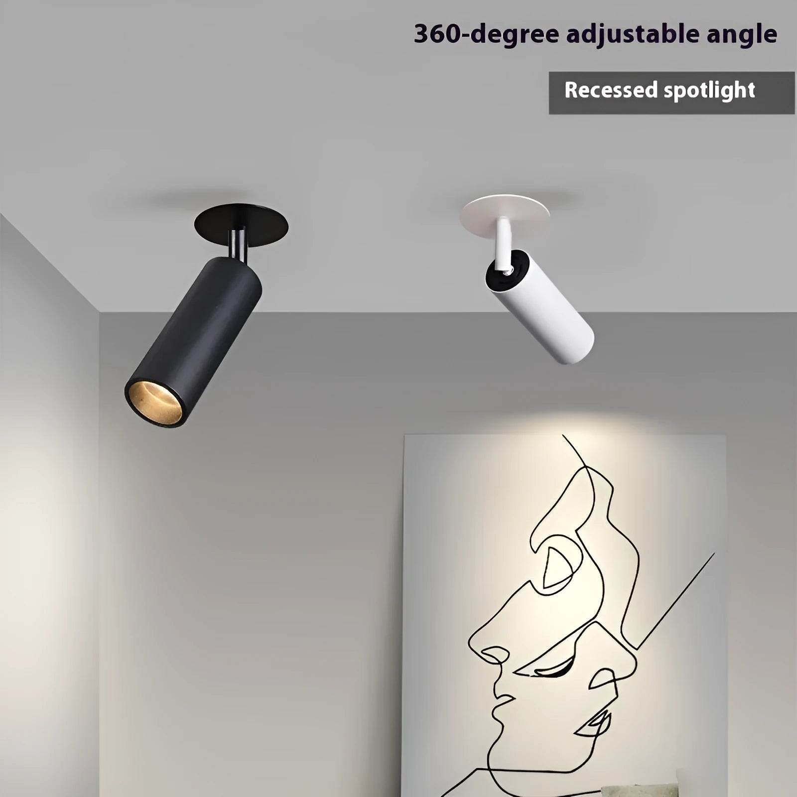 Black and white aluminium cylinder LED spotlight for recessed installation in 55-75mm openings