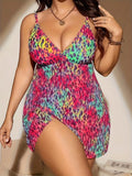 Plus size women's skirt split bikini swimsuit set in blue polyester fabric.