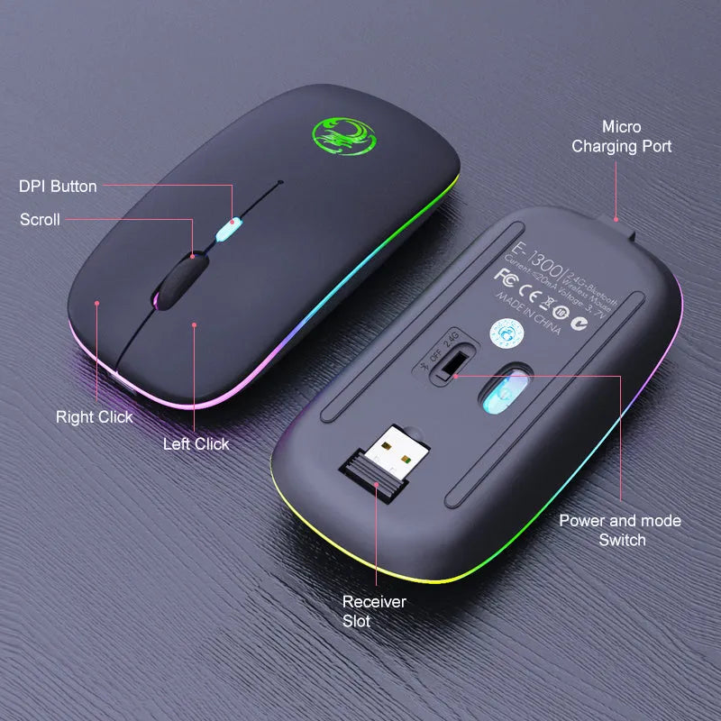 Black or white dual-mode wireless silent mouse with rechargeable battery and charging cable.