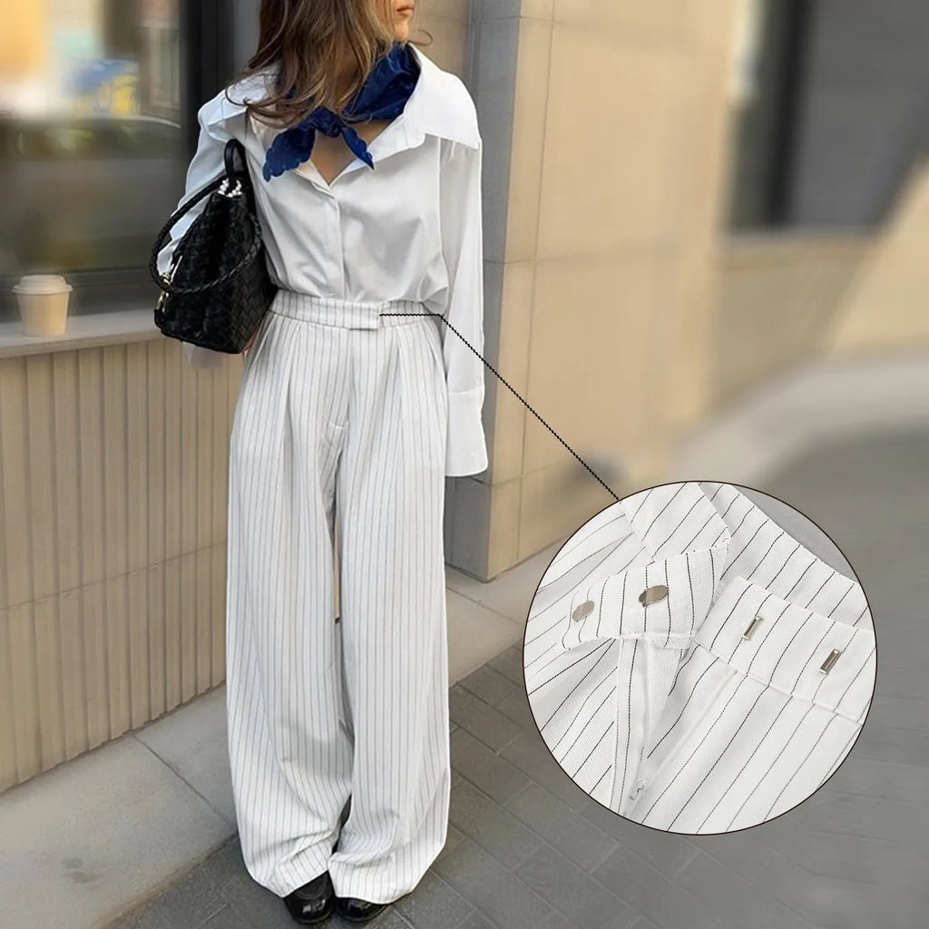 White striped wide-leg women's trousers with front zipper fastening for commuting