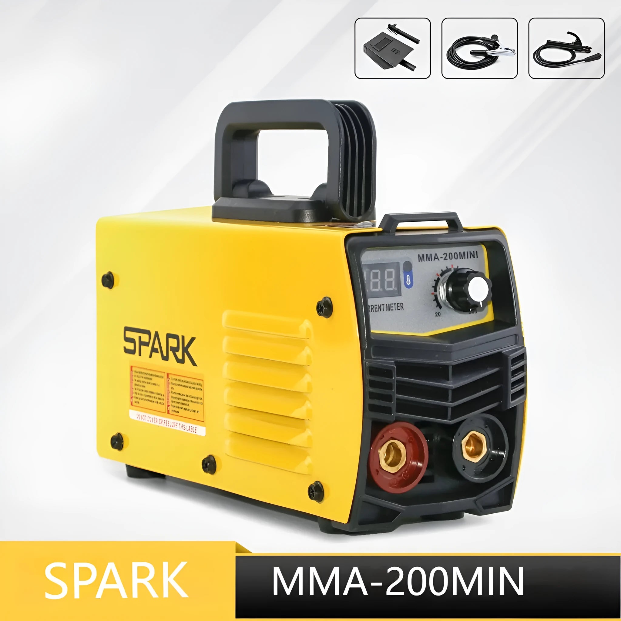 MMA-200MIN compact DC welding machine with welding tongs and face shield on a workbench.
