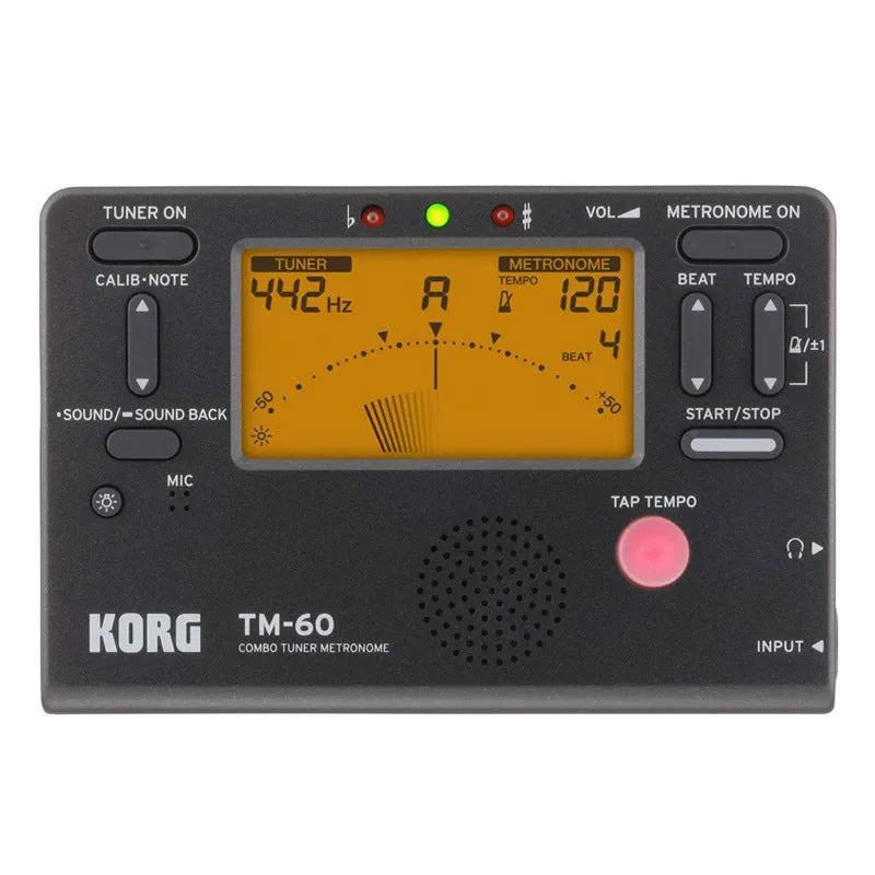 TM-60 universal metronome tuner with plastic shell, tempo display, and control buttons for musical timing practice
