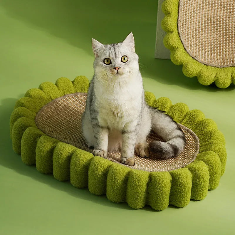 Green oval cat scratch pad bowl bed with sisal scratching surface measuring 650mm by 420mm