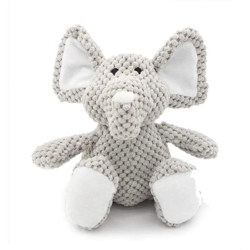 Plush dog chew toys in animal shapes with squeaker for teeth cleaning and interactive play
