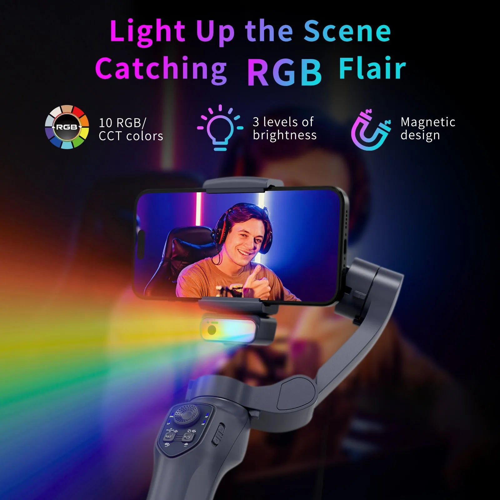 Foldable handheld phone stabiliser gimbal in gun colour finish with optional RGB lights.