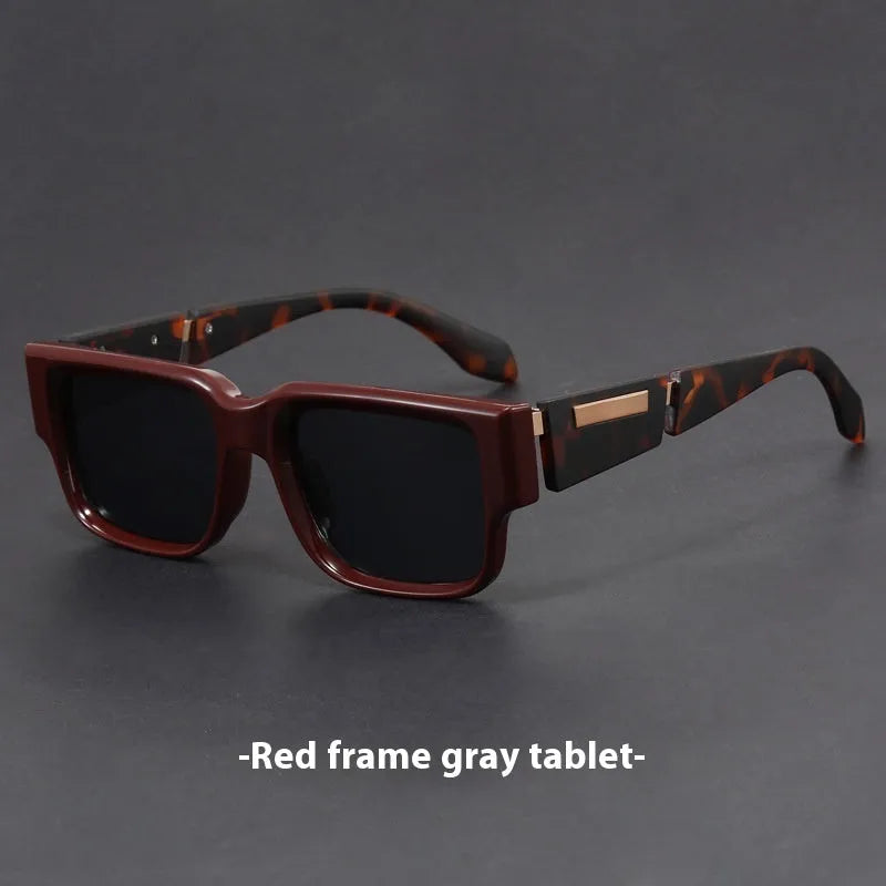 Gray blue square thick frame sunglasses with retro design and UV protection