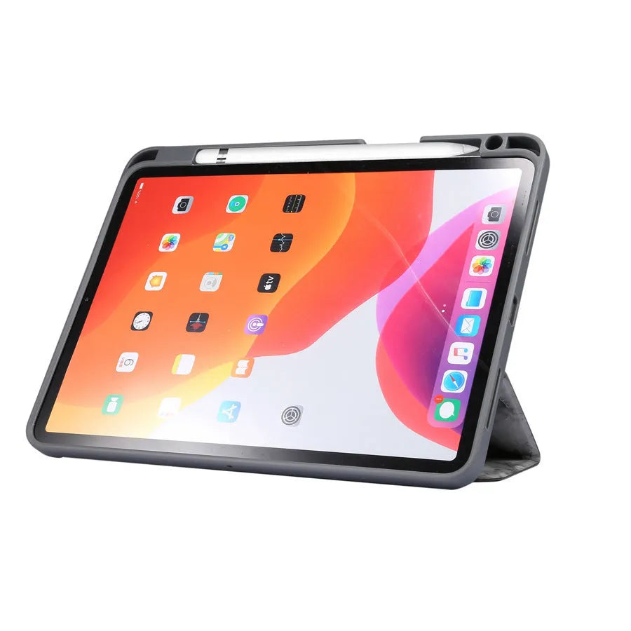 iPad tri-fold marbling imitation leather case in dark grey with a visible pen slot