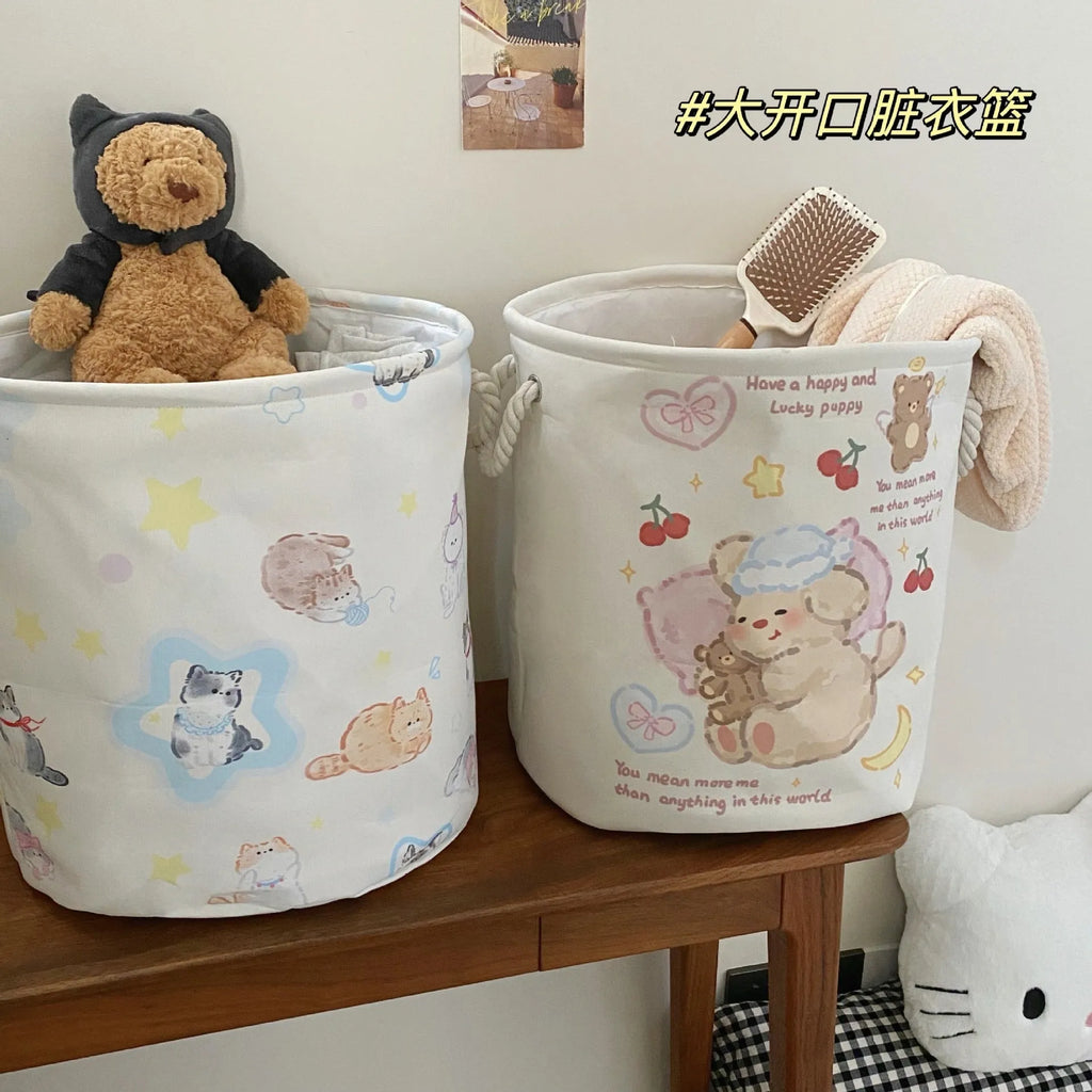 Foldable cotton cloth laundry basket in a choice of colours like puppy print or mint green.
