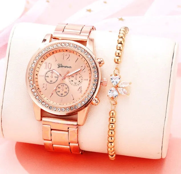 40mm round women's crystal quartz watch with metal alloy bracelet and reclining clasp