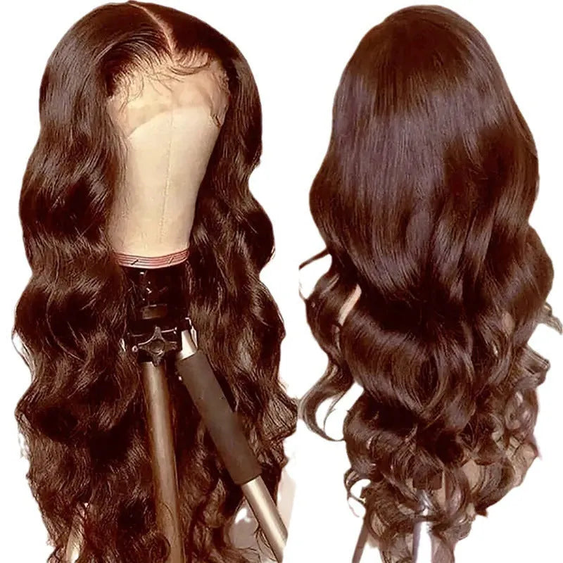 Dark brown front lace wig with long curly hair and side bangs in European fashion style