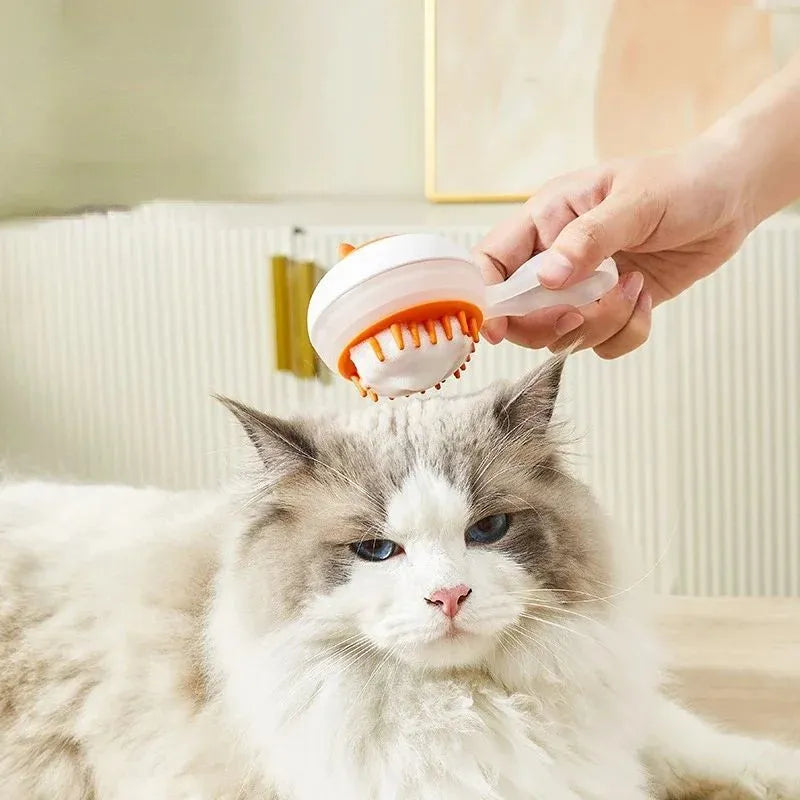 Blue and orange automatic cleaning pet bath brush with soft gel massage pads for wet or dry grooming