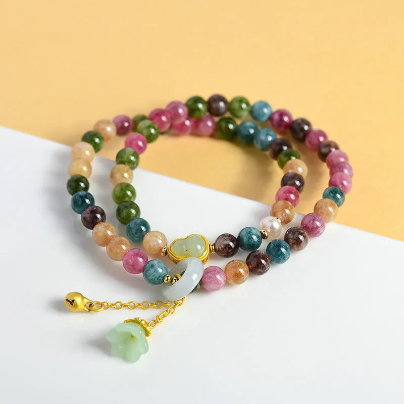 Natural chalcedony double ring bracelet with 6-6.5mm beads in C118 tourmaline colour geometric design