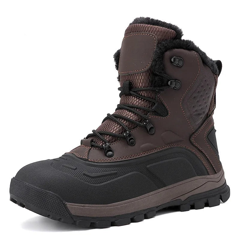 Men's black high-top boots with fleece lining and lace-up front, shown from the side.
