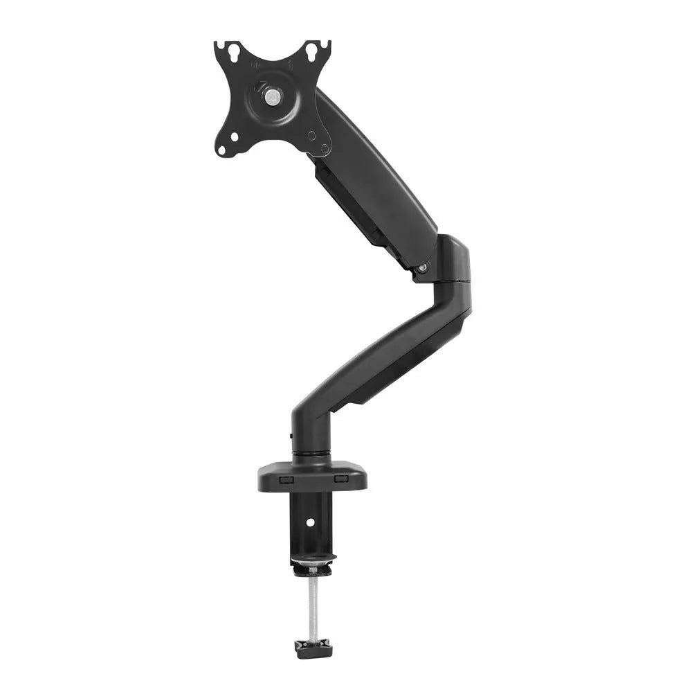 Black adjustable LCD monitor desk bracket extended beside a white version on a wooden desk.