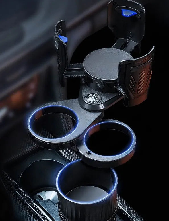 Black ABS car cup holder with retractable arms showing adjustable drink stabilisation mechanism