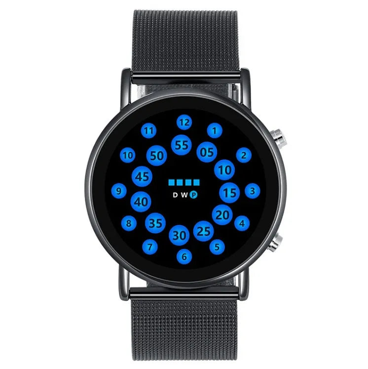 Black and silver alloy LED watch with blue lamp display on a steel mesh strap.