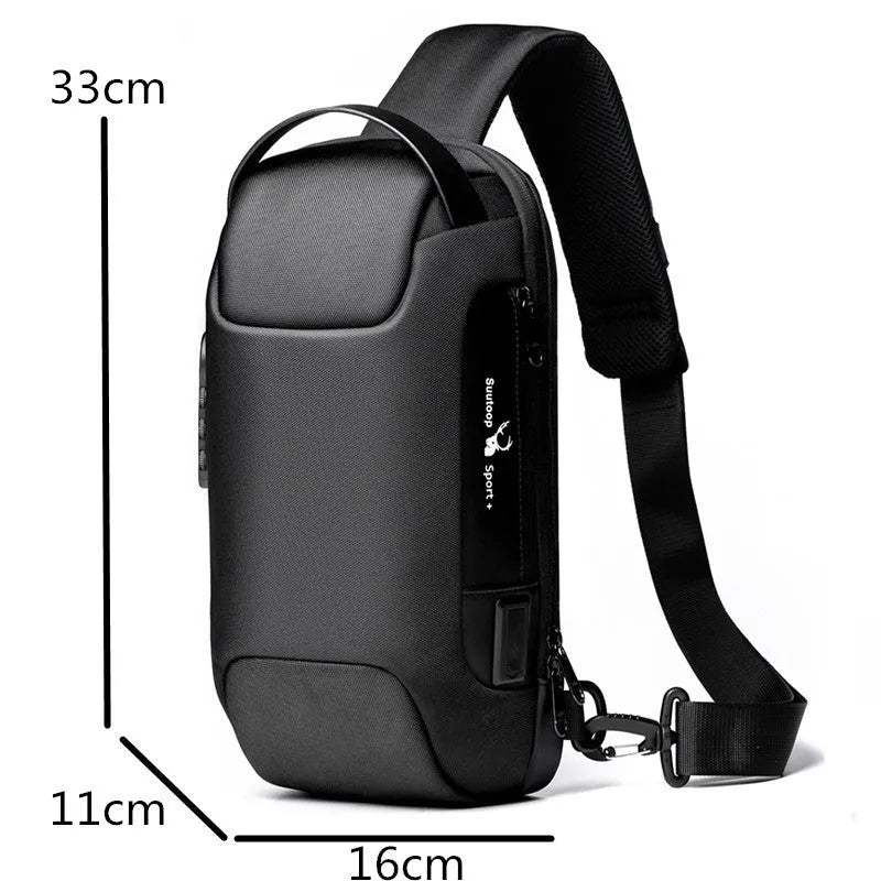 Men's anti-theft chest bag in Oxford cloth with combination lock and USB charging port, medium size, black colour