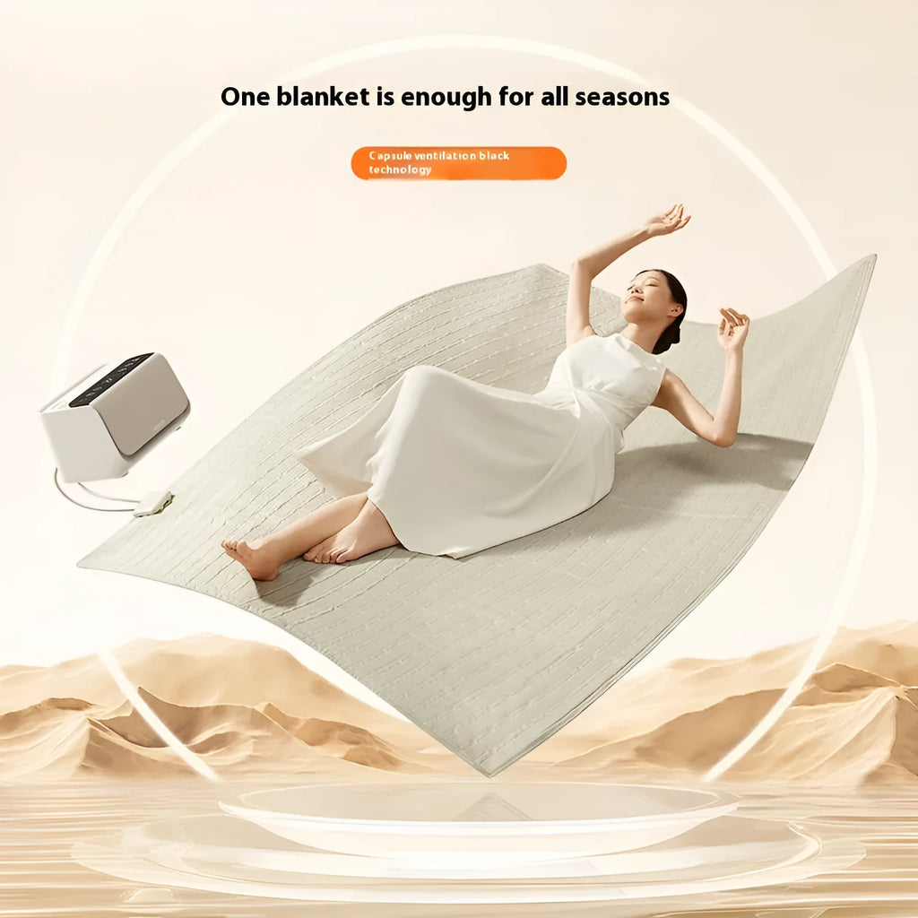 White electric water blanket with smart controller showing 1.4×2m and 1.8×2m size options