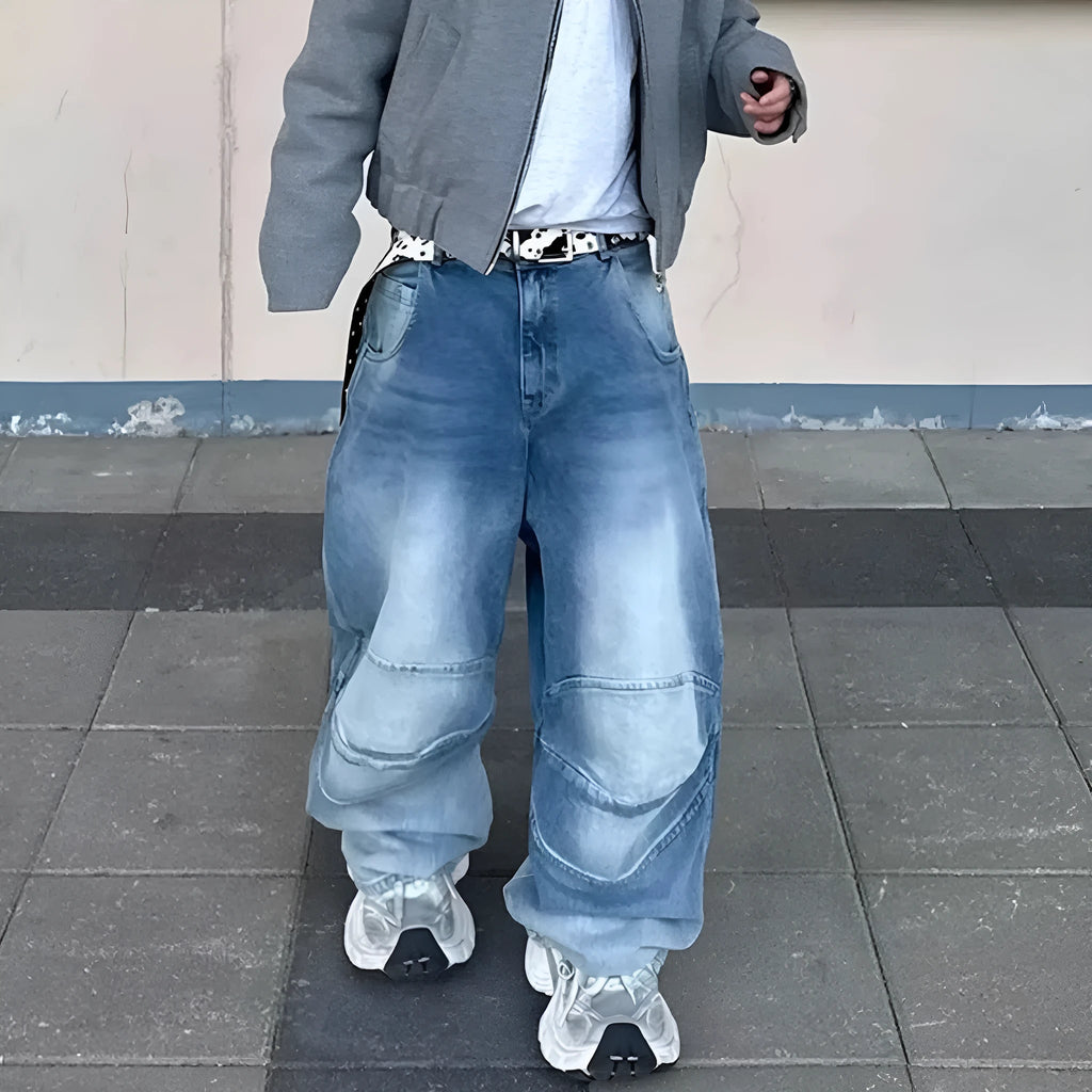 Men's washed white-blue baggy jeans with straight leg and zip fly on hanger