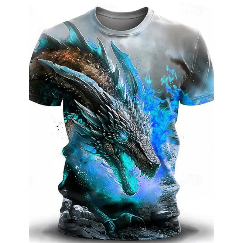 Men's grey short-sleeved T-shirt featuring a large 3D printed wind dragon design on the front.