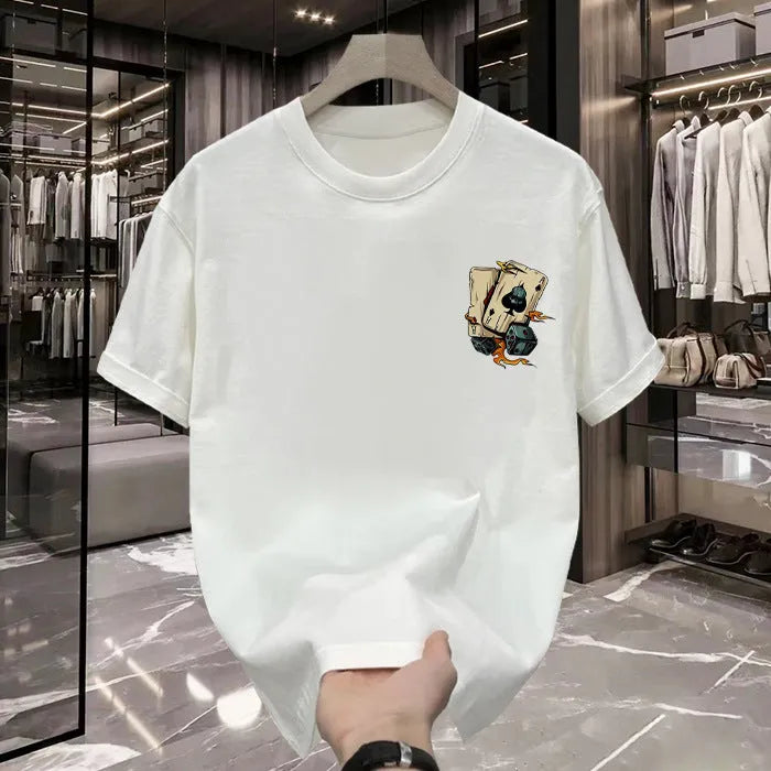 Men's heavyweight black cotton short-sleeved T-shirt with printed design, showing fabric texture and fit