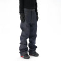 A pair of dark blue casual loose straight-cut jeans on a plain background.
