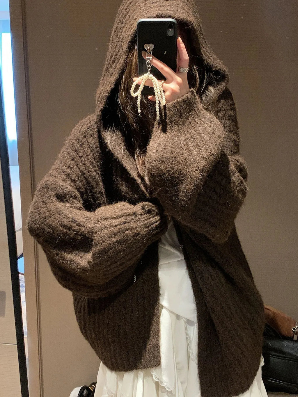 Women's retro style hooded cardigan sweater in thick knit fabric, loose fit, solid colour options