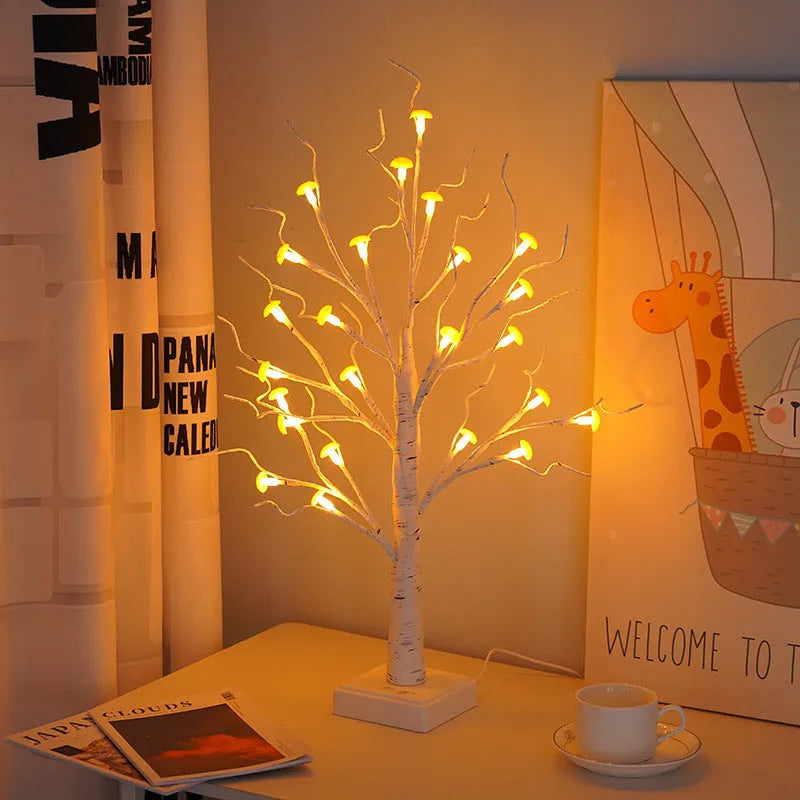 60 cm tall white Birch tree LED lamp with 24 small mushroom flower lights on plastic branches.